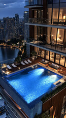 Obraz premium Luxury pool with city skyline at night