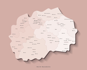 Vector illustration. Simplified administrative map of North Macedonia. Brown background, beige shape of Macedonia. Names of cities and regions