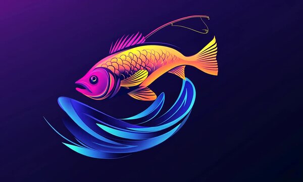 Colorful fish jumping out of the water with an abstract design of blue waves.