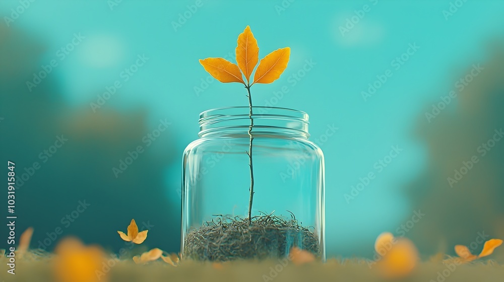 Poster tiny sapling growing inside a glass jar symbolizing the fragile but resilient nature of hope and new