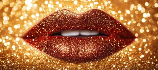 Gold Lips. Sensual Red Lipstick with Golden Glowing Skin Detail of Fashion Makeup with Shimmer
