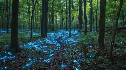 Fototapeta premium Bioluminescent Fungi Illuminate Forest Floor at Night
