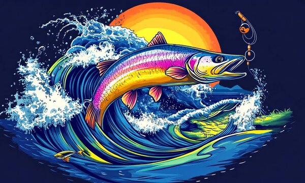 A vibrant illustration of a fish jumping out of the water with a fishing hook in its mouth.
