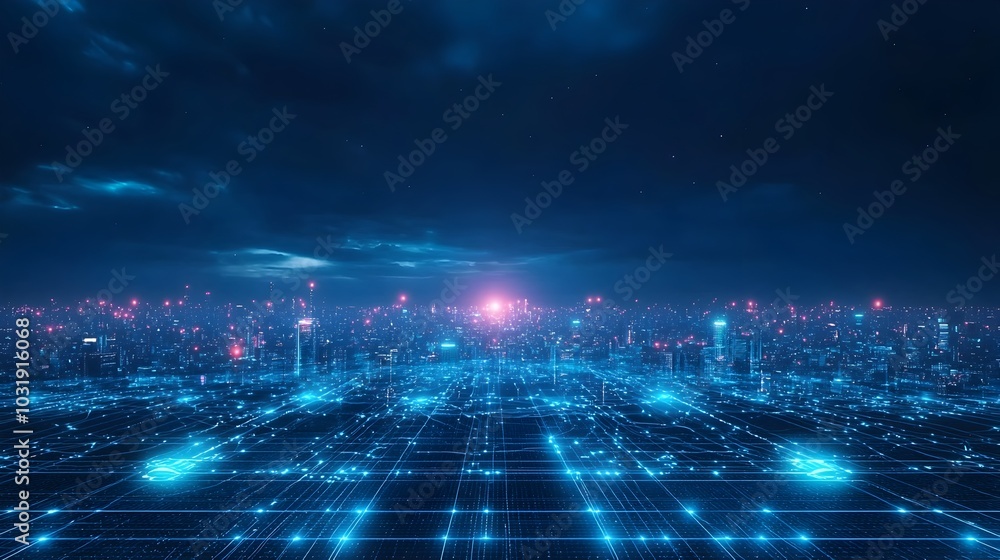 Poster futuristic digital twin city connected to efficient smart grid simulating real time energy flows and