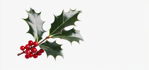 Fototapeta premium A sprig of holly with bright red berries and dark green, spiked leaves, isolated on a white background
