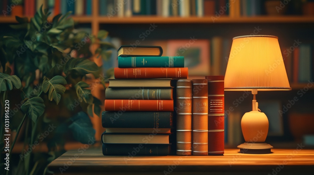 Aufkleber cozy library scene for world book day featuring a tall stack of colorful books on a wooden shelf sof