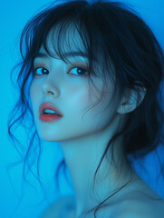 Fototapeta premium A young Korean woman poses gracefully with soft makeup against a serene blue backdrop, capturing a moment of tranquility and elegance