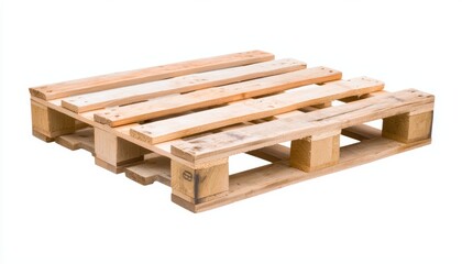 A stack of wooden pallets, slightly weathered, isolated on a white background