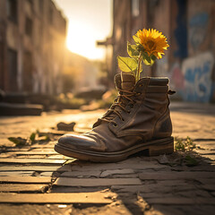 Boots with flowers inside, in the city