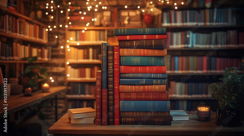 Aufkleber cozy library scene for world book day featuring a tall stack of colorful books on a wooden shelf sof