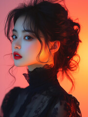 Fototapeta premium A young Korean woman in an elegant black outfit with soft curls poses against a vibrant, colorful background emphasizing her features