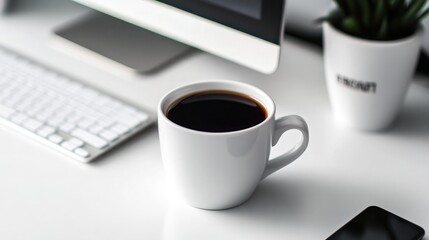 Coffee Cup on Stylish Desk with Computer Setup