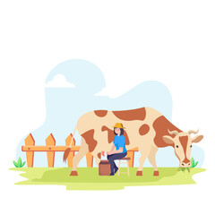 Fototapeta premium Woman agricultural worker cow milking with bucket full of milk vector flat illustration