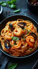 Delicious seafood pasta with shrimp and mussels.