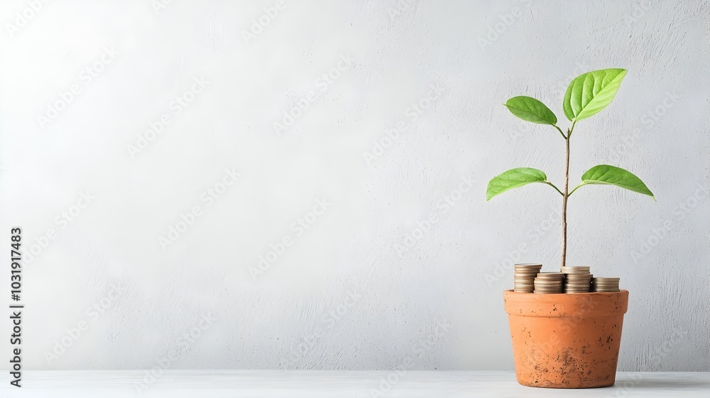 Poster tree growing from coins arranged in a pot concept of financial sustainability and profitable investm