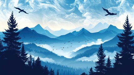 Fototapeta premium A picturesque vista of a mountain range with a blue sky and white clouds, framed by evergreen trees.