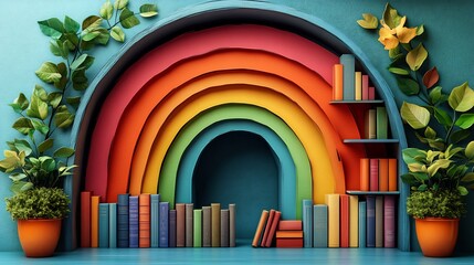 Cozy paper cut style library scene with colorful books forming a rainbow on the shelves inviting readers to explore and celebrate education on World Book Day with warmth and creativity