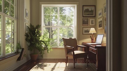 Cozy Home Office with Natural Light and Greenery