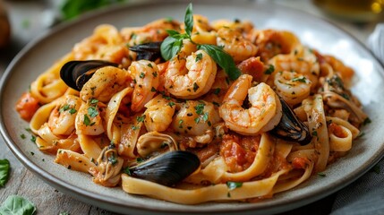 Delicious seafood pasta with shrimp and mussels.
