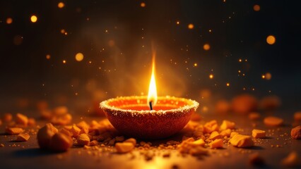 Beautifully Lit Diya Illuminating the Night with Warmth and Color
