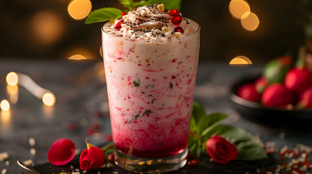 A glass of falooda with rose syrup, vermicelli, and basil seeds