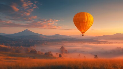Fototapeta premium Vibrant hot air balloon drifting peacefully over a breathtaking scenic valley at the enchanting hour of sunrise creating a magical and ethereal landscape