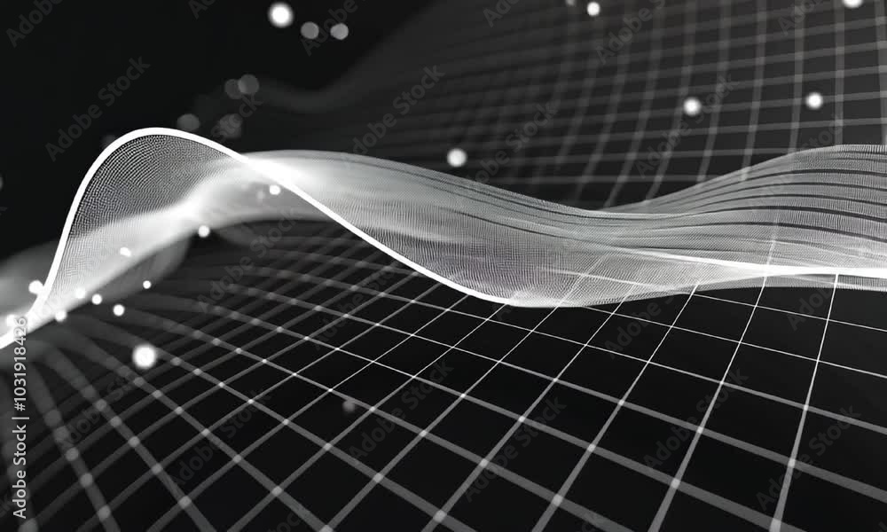 Poster dynamic wave pattern with white dots and grid lines video animation. abstract grayscale digital land
