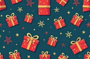 Christmas seamless pattern with gift boxes, ornaments, stars and snowflakes. Vector background for wrapping paper, fabric print, greeting cards design.