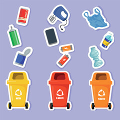 illustration of waste sorting and recycling.  sorting plastic, metal, e-waste