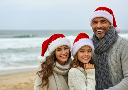 Cheerful family wearing festive Santa hats and cozy sweaters at the beach enjoying a Christmas day by the ocean