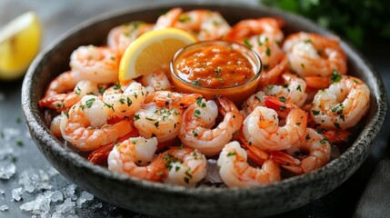 A vibrant shrimp cocktail served cold.
