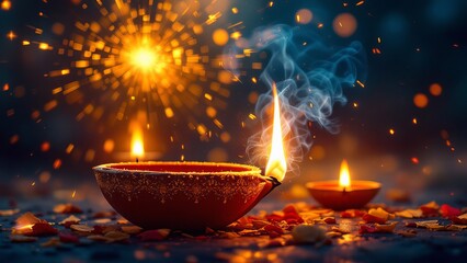 Diwali Celebration with Lit Diyas and Vibrant Fireworks Display