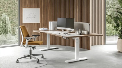 Modern Office Desk with Ergonomic Chair and Monitor