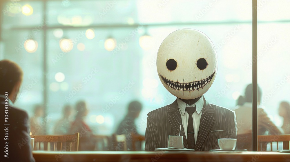 Poster a mysterious figure in a suit with a unique mask sits alone in a cafe reflecting on life's intriguin
