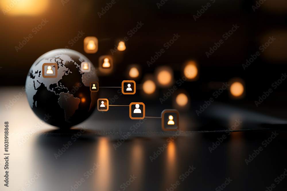 Aufkleber a globe with digital icons representing connectivity and social networking in a modern workspace set