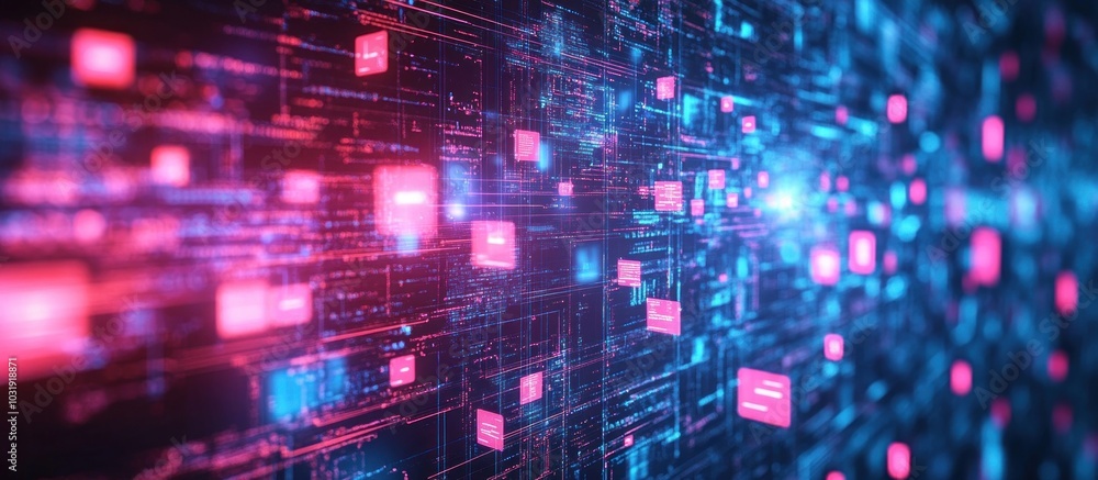 Canvas Prints abstract digital network with glowing pink and blue data blocks.