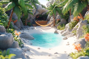 A secluded tropical beach bar with a hammock hanging between two palm trees and a small pool of clear blue water in front.
