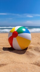 Obraz premium Colorful beach ball on sandy shore under a clear blue sky, AI