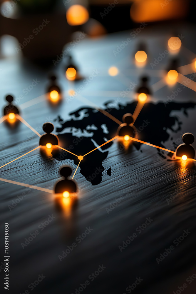 Poster a network concept with glowing connections and a global map, representing communication and technolo