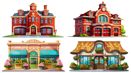 Obraz premium Colorful illustration of four charming cartoon buildings, including a firehouse, shop, and cafe, showcasing vibrant, playful architectural designs