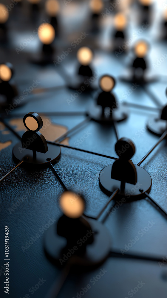 Poster abstract network concept with illuminated connections among user icons on a dark background.