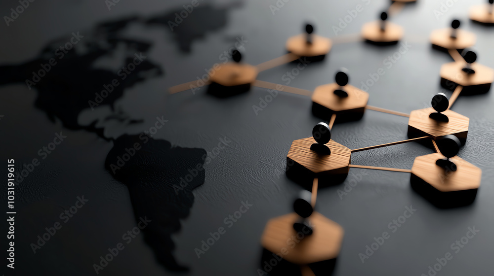 Poster abstract network connections with a world map silhouette, representing global communication and conn