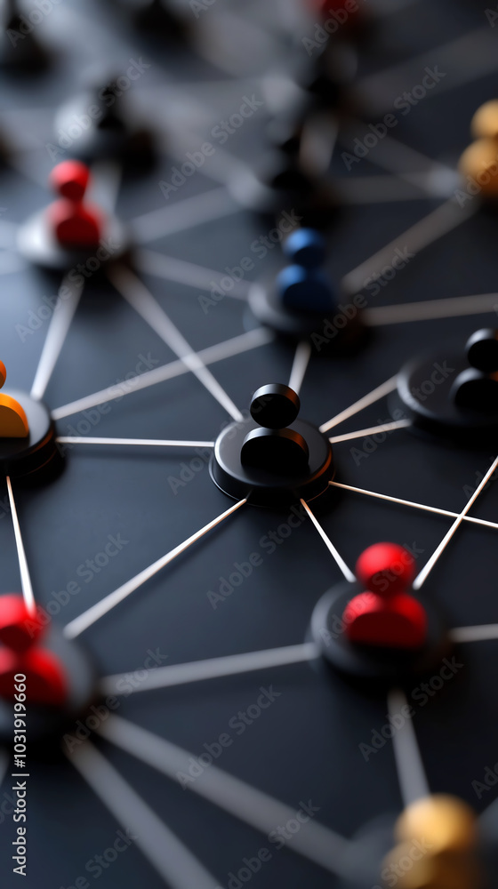 Poster abstract network connections with colored pins on a dark background, symbolizing communication and c