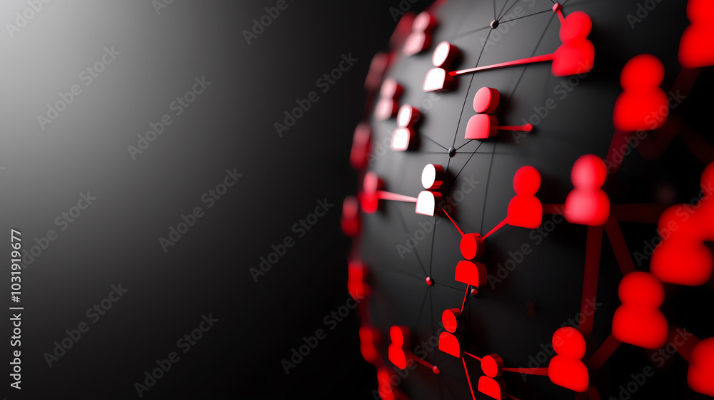 Poster abstract network connections represented by red and white nodes on a dark background.