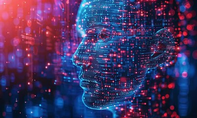 Side profile female face with digital grid lines overlaying video animation. Blue orange data points. Asian woman animated footage HD clip seamless motion graphics. Visualization concept