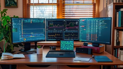 Home office trading setup with multiple monitors and financial charts for investment analysis