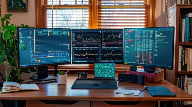 Home office trading setup with multiple monitors and financial charts for investment analysis