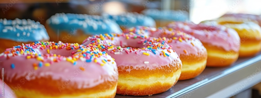 Aufkleber vibrant donut display, a tempting array of identical donuts adorned with colorful icing and festive 