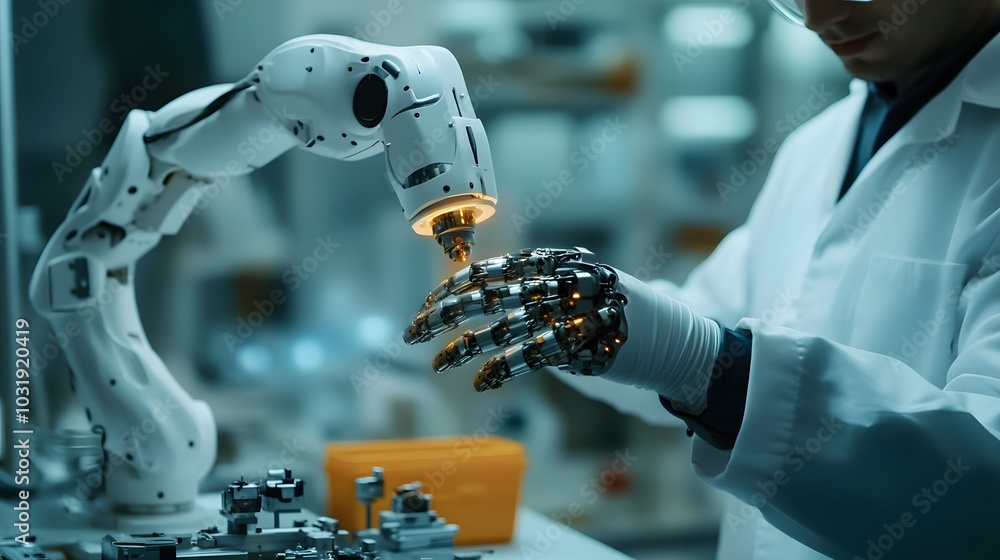Poster a robotic arm interacting with a human hand in a laboratory setting