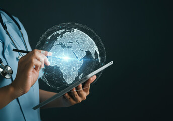 Healthcare professional using digital tablet to visualize global health data in a modern medical setting